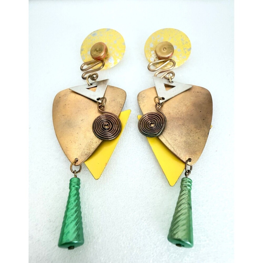 Vintage 1980s Memphis Style Geometric Mixed Metal Dangle Earrings 5 Inch Stateme